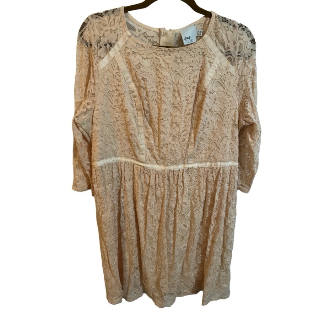 ASOS Curve Peach Lace Long Sleeve Drop Waist Dress